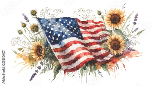 American flag intertwined with a lush arrangement of blooming wildflowers vector background