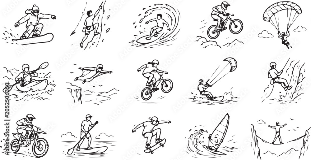 Fototapeta premium Set of hand drawn adventure sports icons featuring extreme athletes doing outdoor activities like surfing and climbing