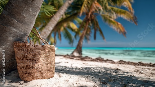 Woven beach bag rests against a palm tree trunk on a sandy shore with turquoise ocean water