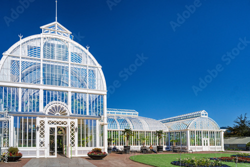 Tableau sur toile Lush Tropical Plants Inside Glass Greenhouse with Walkway and Natural Light, Got