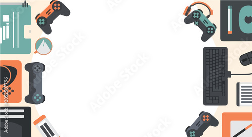 A flat vector illustration featuring gaming gear like controllers, a keyboard, and headphones surrounding a central circular white space.