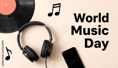 Music lover desktop layout with retro LP disc, modern phone and over-ear headphones
