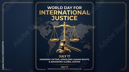 Day for international justice poster with scales of justice and gavel on dark blue background