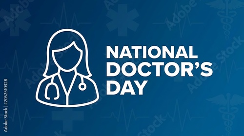 National doctor's day with female physician and medical symbols on blue background
