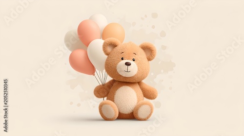 A cute teddy bear holding a bunch of colorful balloons. The bear is fluffy and has a friendly expression, perfect for a child's room or a birthday celebration
