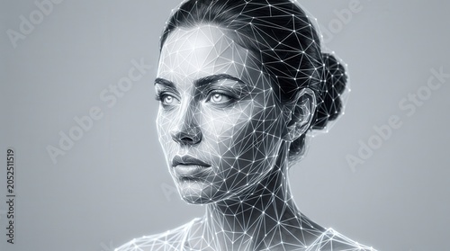 Close-up Portrait of Young Woman with Facial scan beautiful showing connected lines