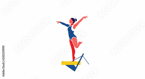 A stylized gymnast in a blue and red leotard balances dynamically on a yellow beam
