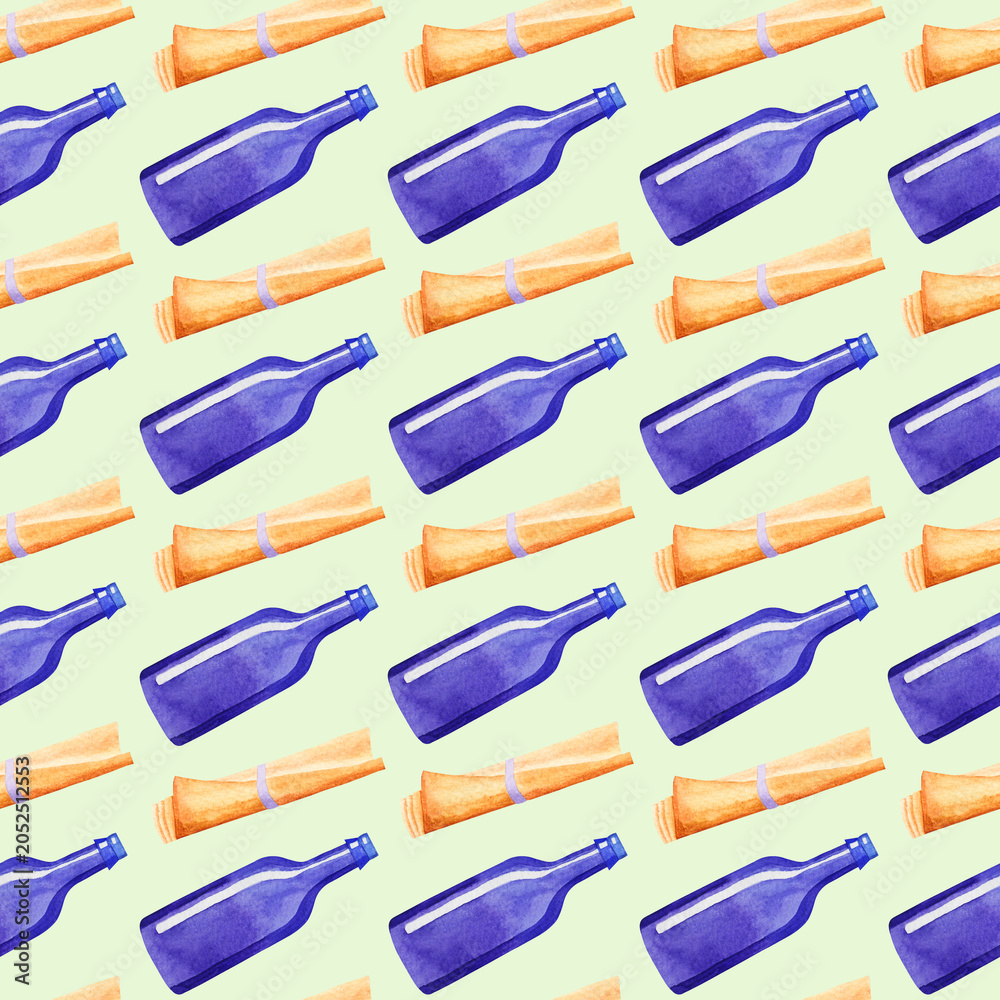 Obraz premium Seamless pattern with purple glass bottles and twisted sheets of paper on a light green background.