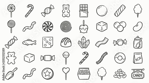 Photos A collection of various candy icons in a simple line art style, perfect for design elements