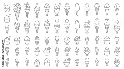 Collection of Hand-Drawn Ice Cream Cones and Cups in Various Styles.