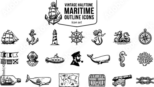 Vintage Halftone Maritime Naval Outline Icon Set Sailing Ship Anchor Lighthouse Ship Wheel Mermaid Sea Monster Compass Flag Diving Helmet Submarine Captain Whale 20 Icons Editable Strokes Line Art