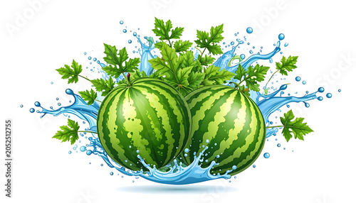 Two fresh watermelons with green leaves splashing into clear blue water, vibrant summer fruit illustration