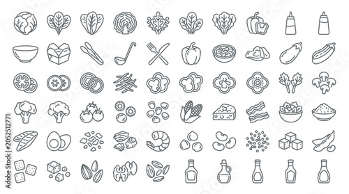 Collection of Outline Icons Representing Various Food Ingredients and Salad Components.