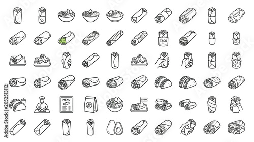 Collection of stylized line art icons representing Mexican food and ingredients, including burritos, tacos, and avocados.