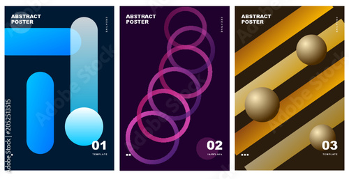 Abstract Posters Collection Vector with Geometric Capsules Interlocking Rings and 3D Spheres on Dark Backgrounds