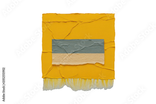 Abstract piece with a textured yellow paper background, and a central, horizontal rectangle made, of layered grey, and beige paper fragments