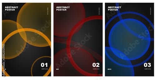 Abstract Poster Vector Template Set with Intersecting Neon Rings and Glowing Orbs on Dark Background for SciFi Covers