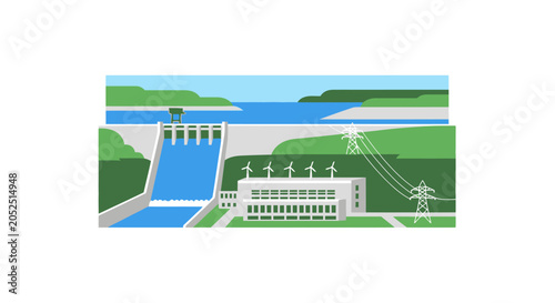 Obraz na plátně Hydroelectric dam and wind turbines generating clean energy