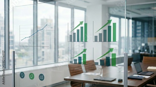 Business Growth Charts on Glass in Modern Office