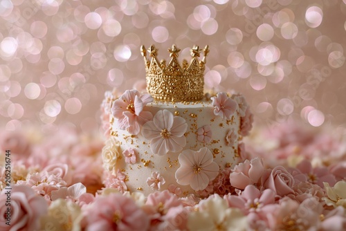 Pastel Princess Birthday Cake with Golden Tiara and Roses on Pink Glitter Background