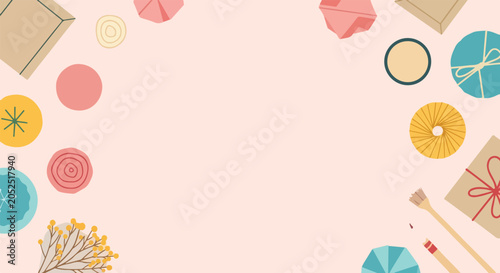 A top-down vector illustration features an array of crafting supplies, gift boxes, and brushes framing a soft pink background.