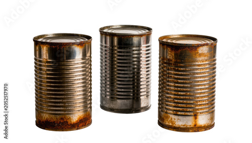 Foto Three rusty tin cans with ribbed texture