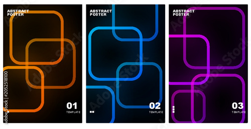 Abstract Posters Collection Vector Template with Glowing Neon Rounded Square Shapes on Black Background for Cover Design