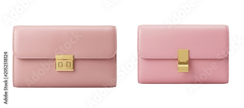 Two pink leather wallets with gold metal clasps isolated on transparent background