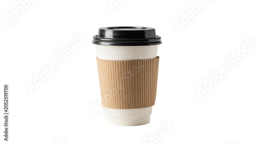 White paper coffee cup with brown sleeve and black lid