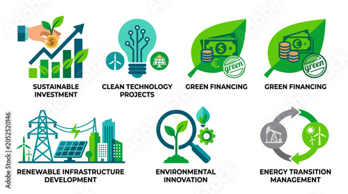 Quadro su tela Sustainable Investment and Green Technology Icons for Environmental Innovation