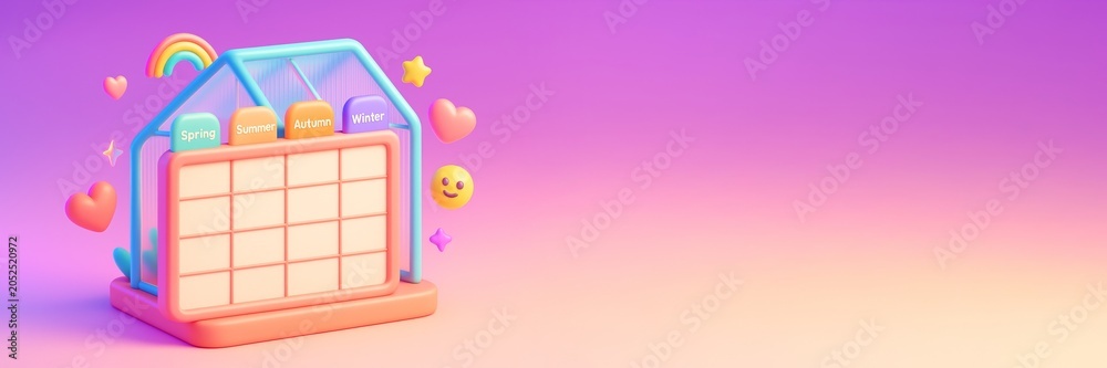 Fototapeta premium 3D calendar mockup with seasonal tabs and cute emoji elements on a vibrant gradient background with blank copy space on the right side. Ai generative