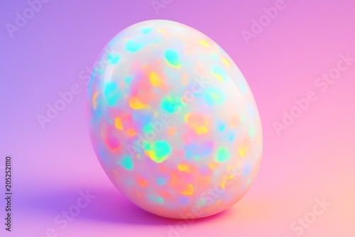 Glossy pastel egg with multicolored neon spots on pink gradient background, a...