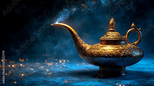 Golden magic lamp with smoke coming out