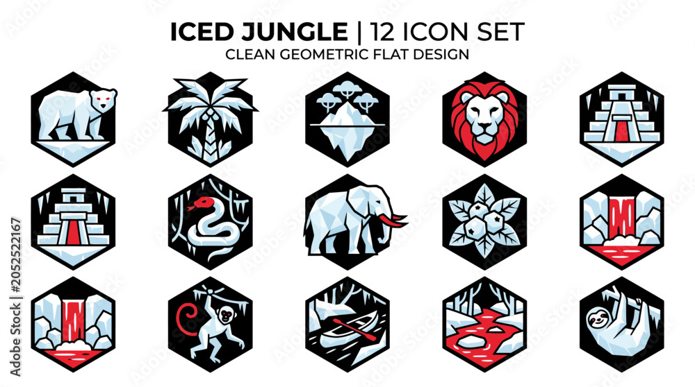 Fototapeta premium Iced Jungle Icon Set: Arctic Animals, Tropical Wildlife, and Nature Elements