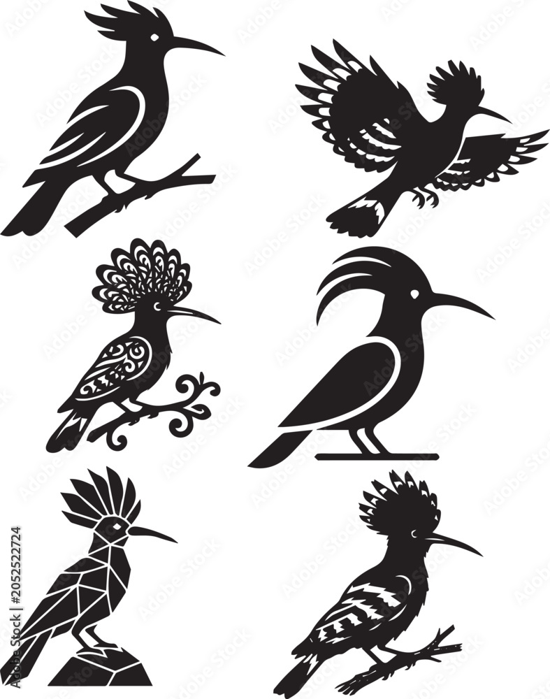 Fototapeta premium Black and White Bird Silhouettes Perched and Flying on White Background Illustration