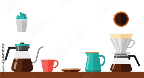 Schilderij op canvas This minimalist vector illustration showcases a modern coffee brewing station with various tools like a gooseneck kettle, dripper, and a mug