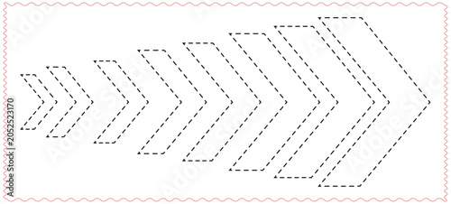 Tableau sur toile Series of progressively larger dashed chevron arrows pointing rightward on a whi