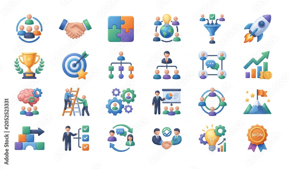 Fototapeta premium 3D Teamwork Business Icons Set with Partnership Strategy and Startup Symbols