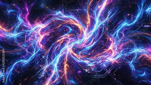 Abstract cosmic swirl of vibrant colors and energy patterns, evoking a futuristic digital landscape