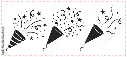 Foto Three black party poppers exploding with confetti streamers and stars isolated o