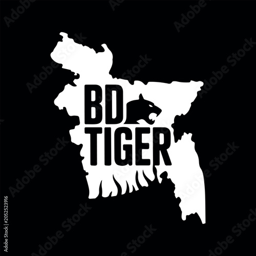 Bangladesh map silhouette logo design with BD Tiger text and animal icon. BD Tiger national symbol emblem with geographic map of Bangladesh vector. 