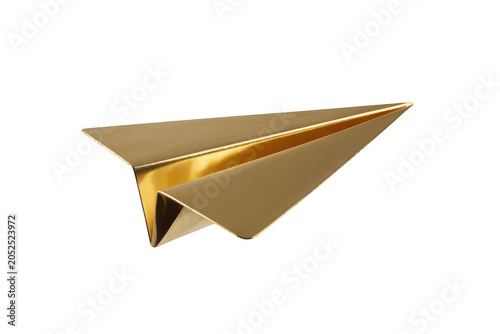 A single metallic gold paper airplane soaring through the air isolated on a plain black background, for business and, travel concepts