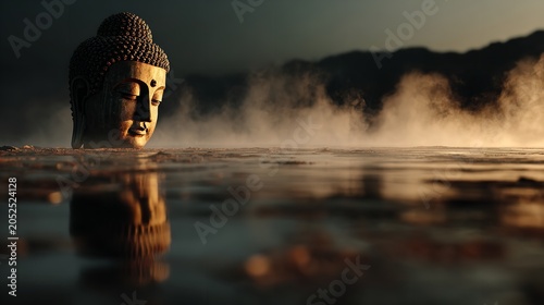 Serene Buddha Head Emerging from Misty Waters Reflecting Enlightenment