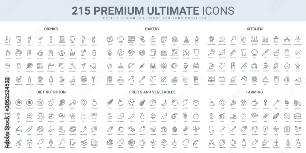 Ταπετσαρία Food and drink tasting, agriculture farm products and cooking in kitchen thin black line icons set vector illustration