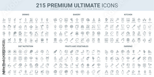 Billede på lærred Food and drink tasting, agriculture farm products and cooking in kitchen thin black line icons set vector illustration