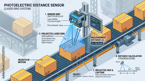 Isometric industrial infographic showing a laser displacement sensor measuring distance on a factory conveyor belt