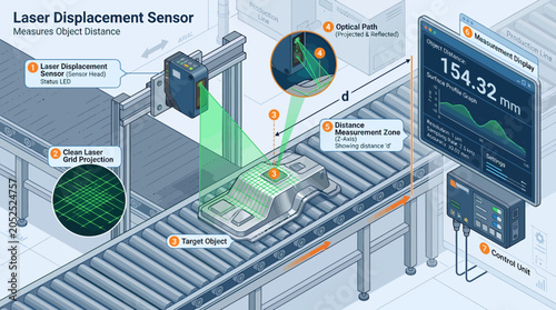 Technical three dimensional isometric view of a measurement system using optical beams to monitor product dimensions on an industrial conveyor line