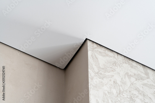 Minimal architectural detail photography of a matte stretch ceiling with a black shadow profile trim - ideal for interior design  renovation  and building materials advertising.