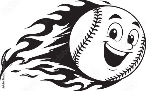 Happy cartoon baseball ball character with flaming fire speed effect moving fast for sports mascot logo design