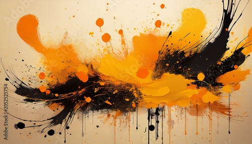Abstract Orange Yellow Black Ink Brush Painting Dropped Splatter Splash Grunge Graphic Element Artistic Background